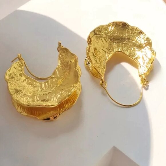 New African Fulani Basket Hoop Earrings 14K Gold Plated Textured Metal Boho - Picture 3 of 12